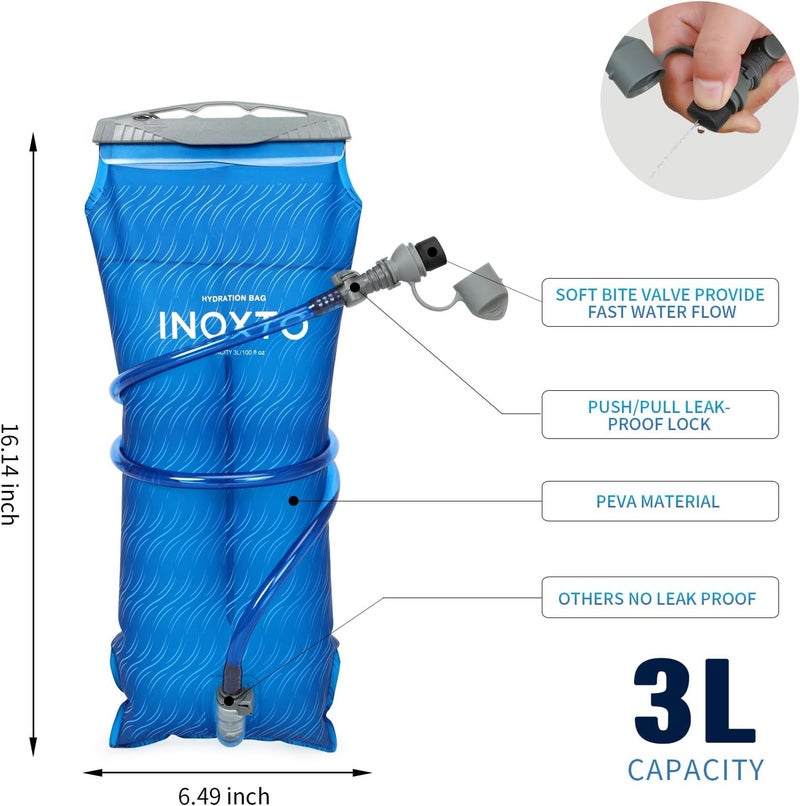 INOXTO حقيبة ماء بسعة 1.5L/2L/3L، حقيبة ماء مع عازل خرطوم خزان الماء وصمام عضّ عالي التدفق لحقيبة الظهر للتنزه، خزان ماء مقاوم للتسرب بسعة 1.5/2L/3L للتخييم وركوب الدراجات والجري - Image 2
